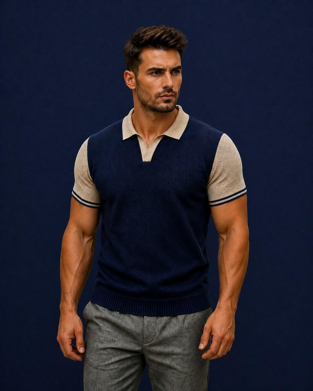 Polo Rétro-Chic à Col V Contrasté
